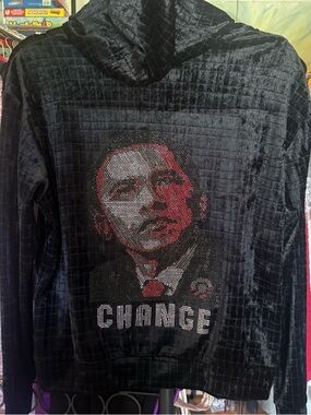 Black Rhinestone Graphic Hoodie - President Obama 'Change' Design